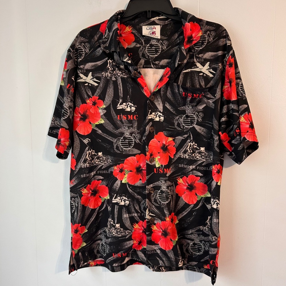 AE Sport USMC Hawaiian Shirt Mens Small Black Red Hibiscus Semper Fidelis USA